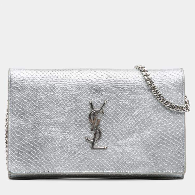 Pre Owned Saint Laurent Paris Silver Metallic Python Embossed Leather Monogram Kate Wallet on Chain