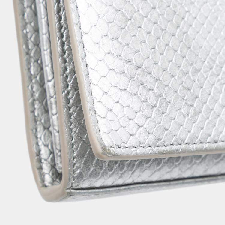 Pre Owned Saint Laurent Paris Silver Metallic Python Embossed Leather Monogram Kate Wallet on Chain