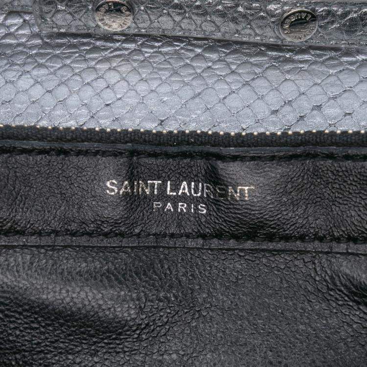 Pre Owned Saint Laurent Paris Silver Metallic Python Embossed Leather Monogram Kate Wallet on Chain