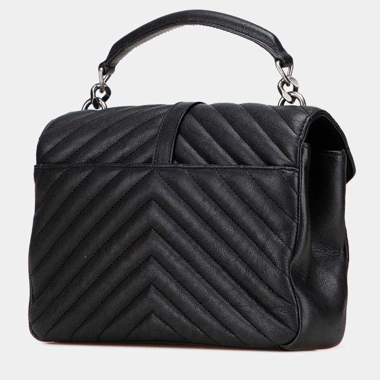 Pre Owned Saint Laurent Paris Black Medium Quilted Chevron Sheepskin College Satchel