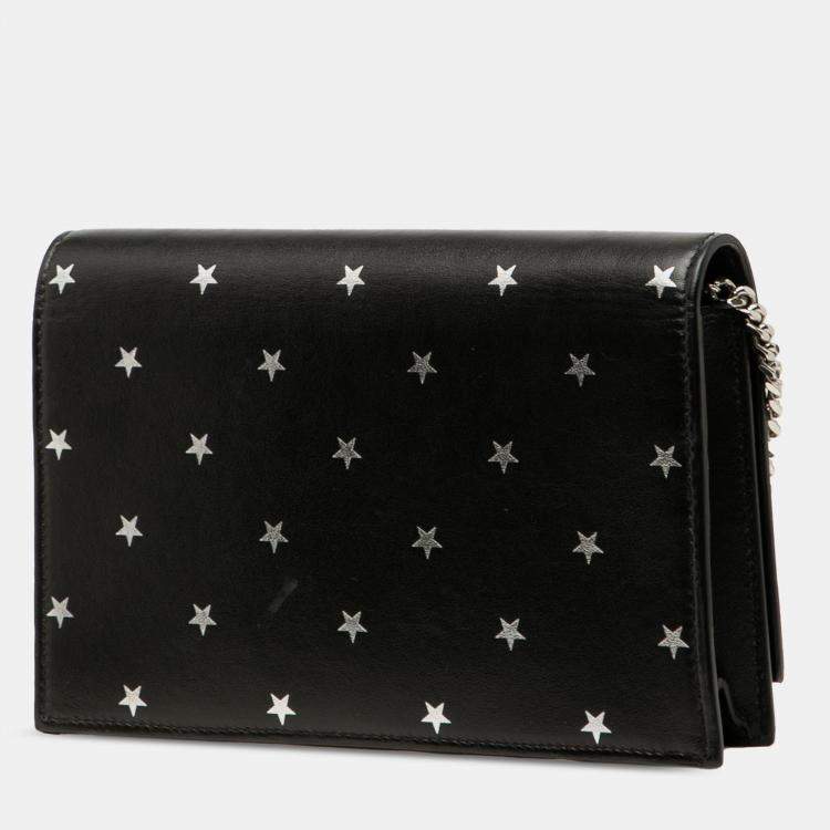 Pre Owned Saint Laurent Paris Black Calfskin Star Print Classic Monogram Kate Tassel Wallet on Chain