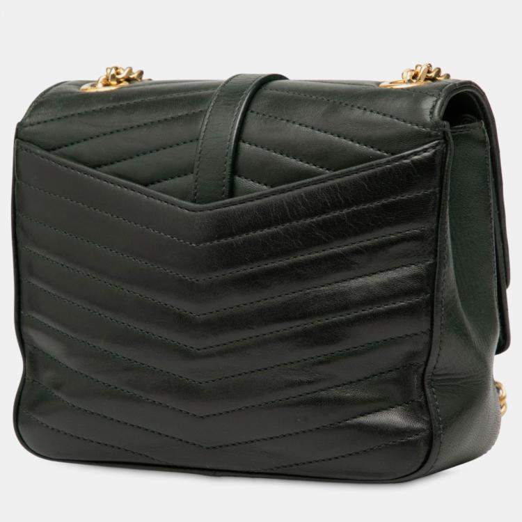 Pre Owned Saint Laurent Paris Green Small Chevron Lambskin Monogram Sulpice Bag
