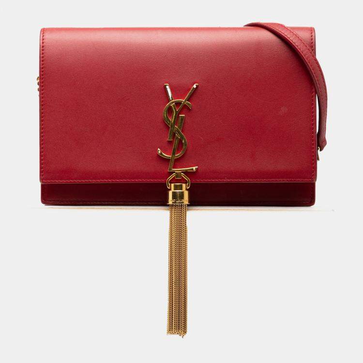 Pre Owned Saint Laurent Paris Red Smooth Calfskin Monogram Kate Tassel Wallet on Chain