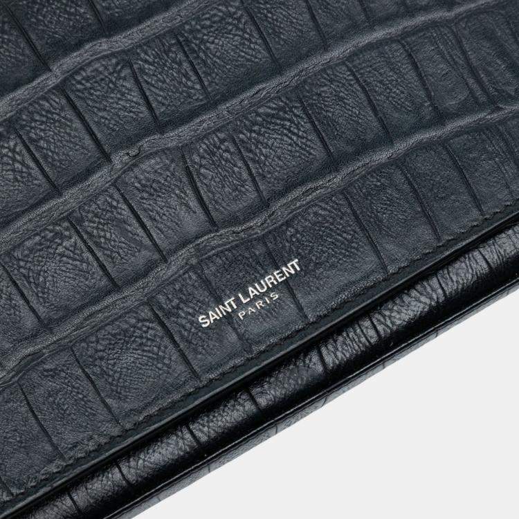 Pre Owned Saint Laurent Paris Black Croc Embossed Leather Wallet On Chain