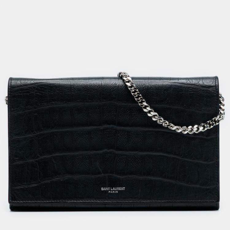 Pre Owned Saint Laurent Paris Black Croc Embossed Leather Wallet On Chain