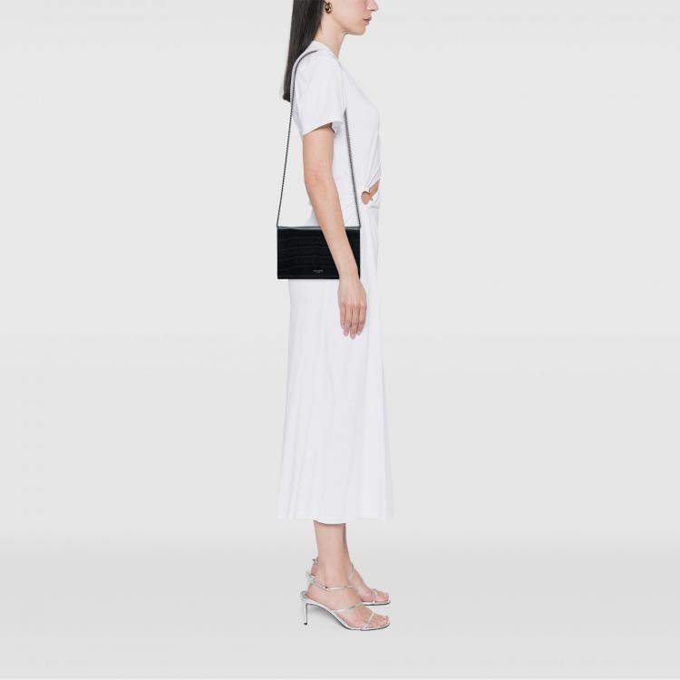 Pre Owned Saint Laurent Paris Black Croc Embossed Leather Wallet On Chain