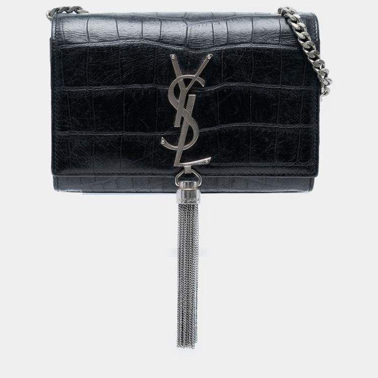 مملوكة مسبقًا Saint Laurent Paris Black Small Croc Embossed Leather Monogram Kate Tassel Crossbody