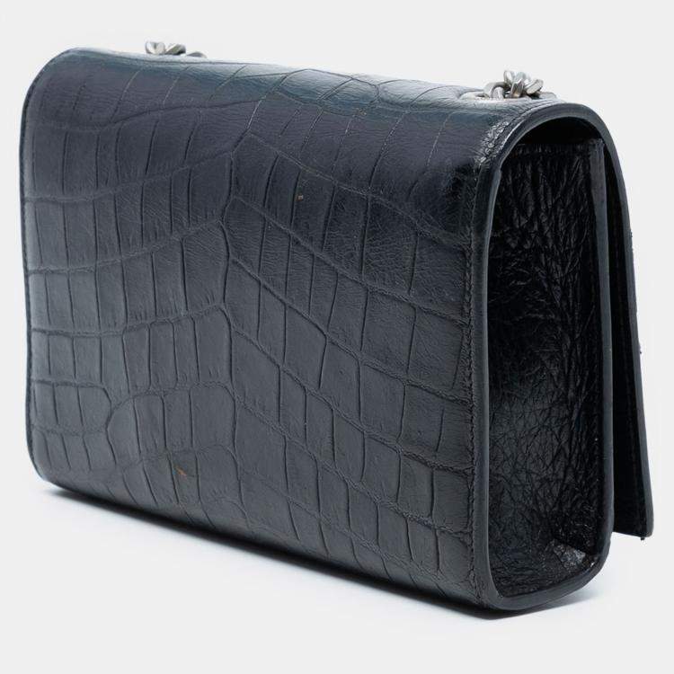 مملوكة مسبقًا Saint Laurent Paris Black Small Croc Embossed Leather Monogram Kate Tassel Crossbody