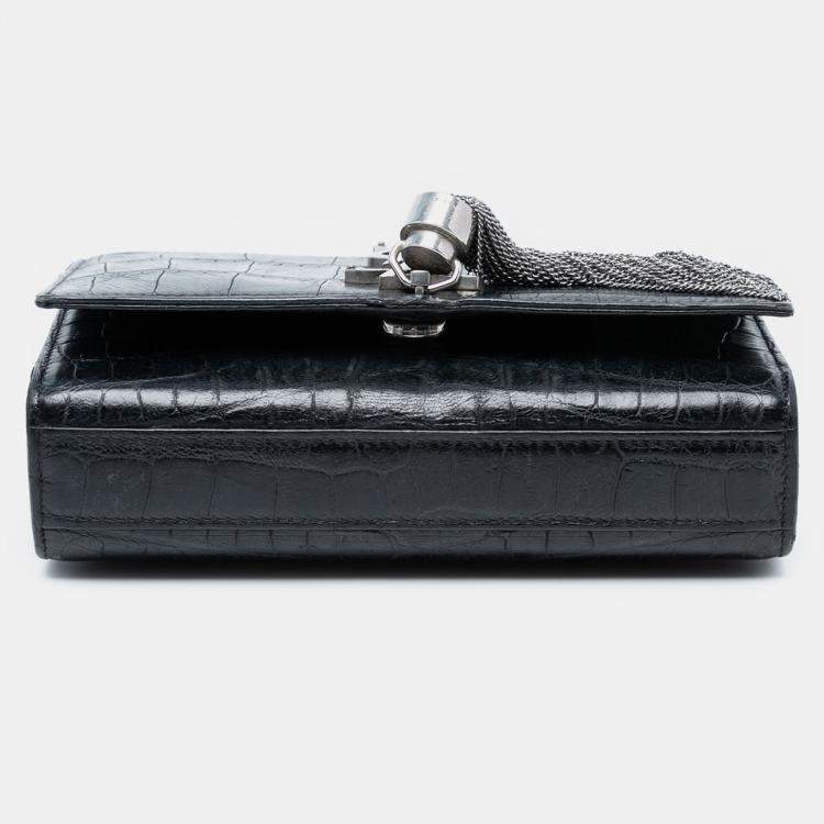 مملوكة مسبقًا Saint Laurent Paris Black Small Croc Embossed Leather Monogram Kate Tassel Crossbody