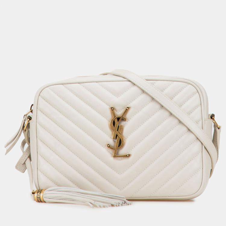 Pre Owned Saint Laurent Paris White Quilted Leather Monogram Lou Camera Bag