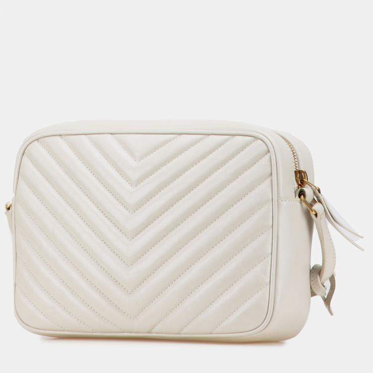 Pre Owned Saint Laurent Paris White Quilted Leather Monogram Lou Camera Bag