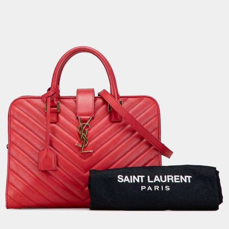 Pre Owned Saint Laurent Paris Red Small Chevron Calfskin Monogram Cabas Satchel
