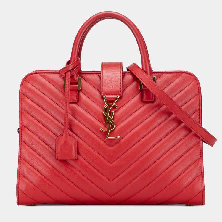 Pre Owned Saint Laurent Paris Red Small Chevron Calfskin Monogram Cabas Satchel