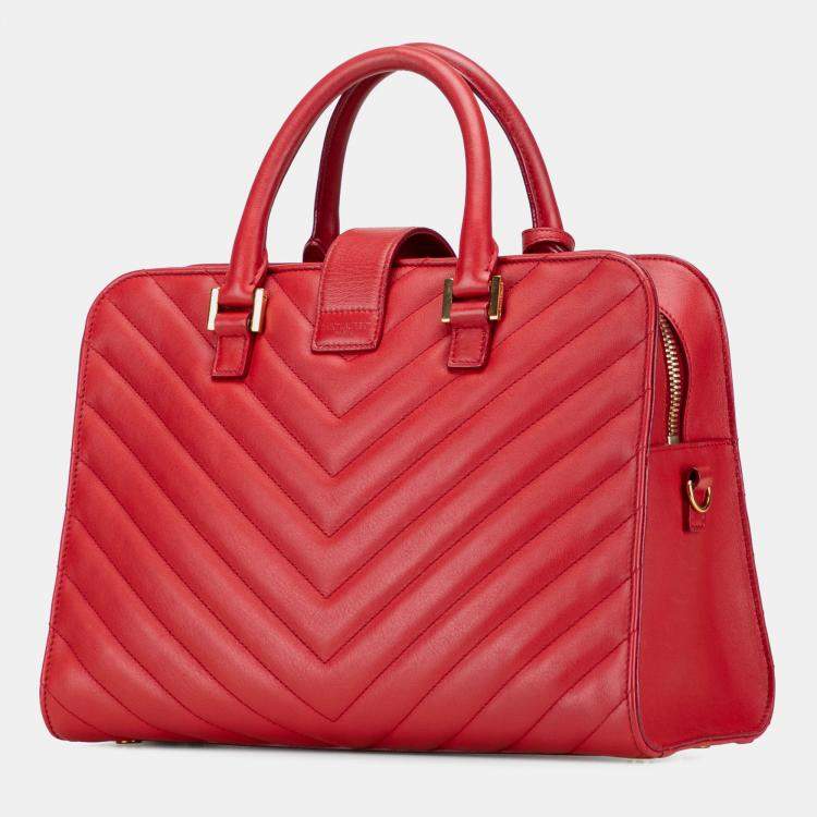 Pre Owned Saint Laurent Paris Red Small Chevron Calfskin Monogram Cabas Satchel