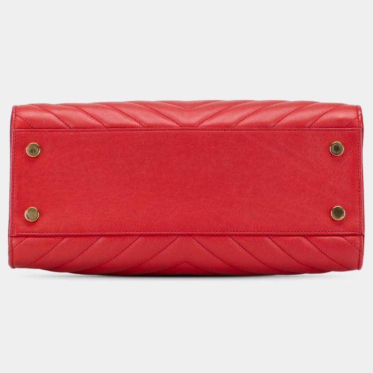 Pre Owned Saint Laurent Paris Red Small Chevron Calfskin Monogram Cabas Satchel