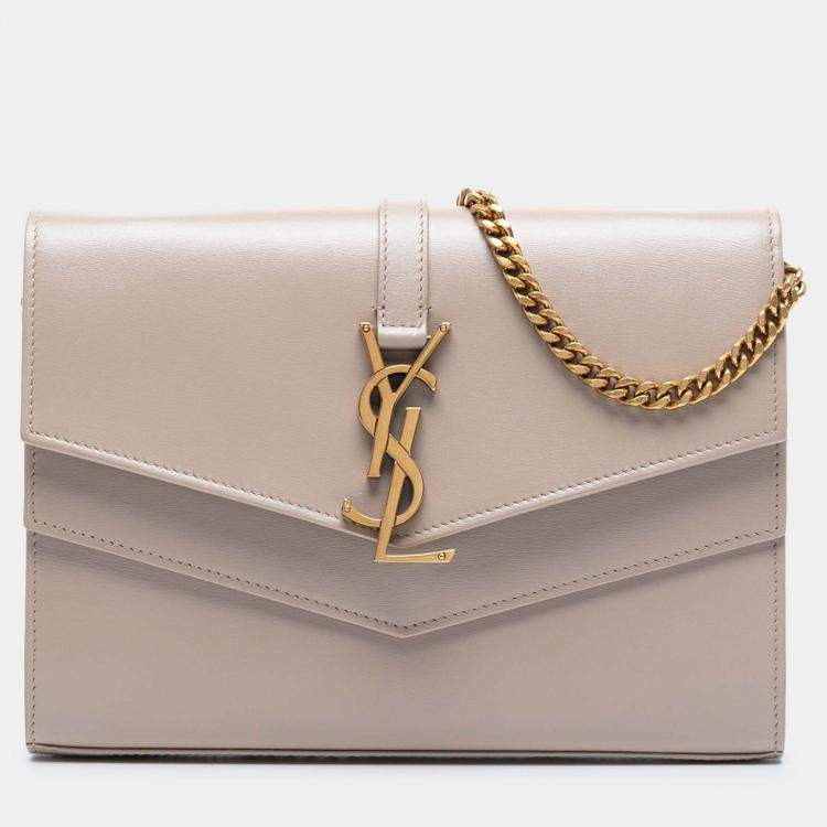 مملوكة مسبقًا Saint Laurent Paris Beige Leather Monogram Sulpice Wallet on Chain