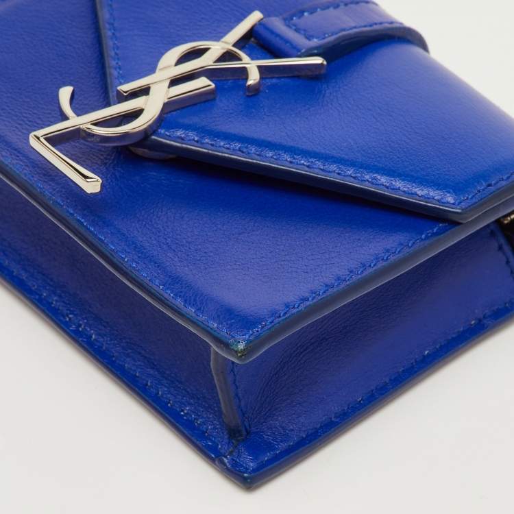Pre Owned Saint Laurent Candy Monogram Mini Blue Leather Crossbody Bag