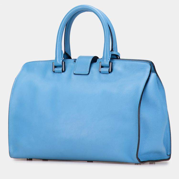 Pre Owned Saint Laurent Paris Blue Small Leather Monogram Cabas Satchel