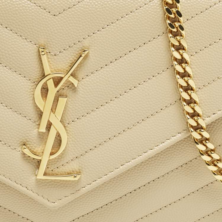 Pre Owned Saint Laurent Cassandre Beige Matelassé Leather Wallet On Chain