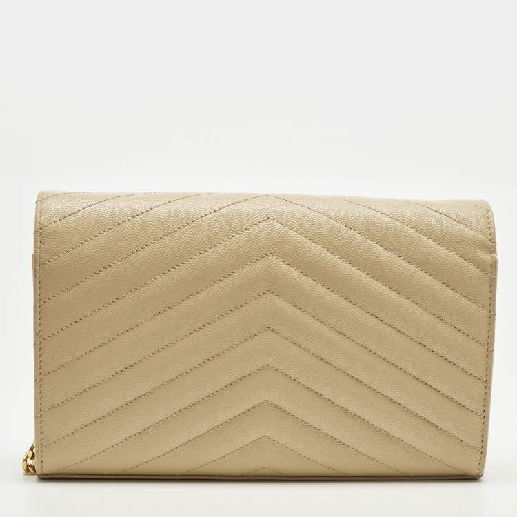 Pre Owned Saint Laurent Cassandre Beige Matelassé Leather Wallet On Chain