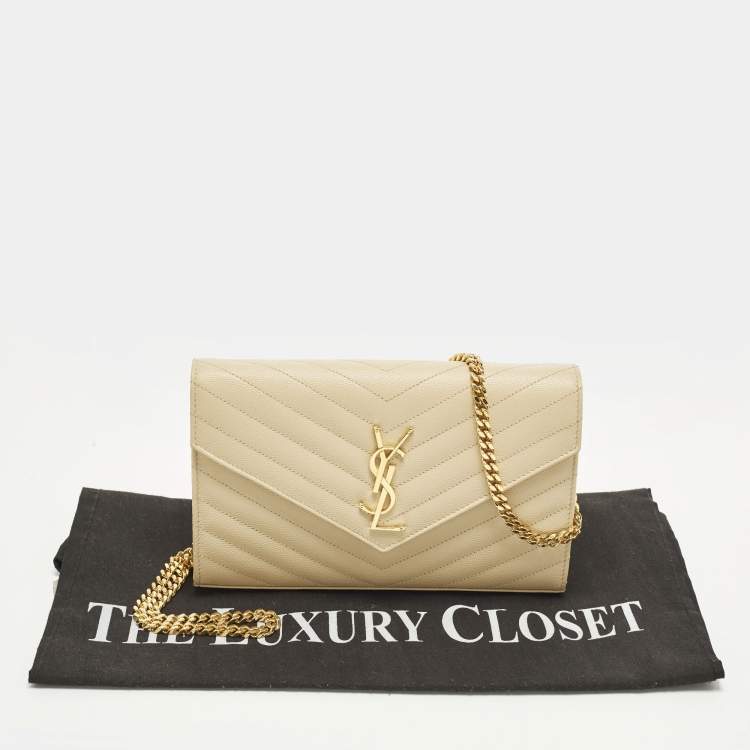 Pre Owned Saint Laurent Cassandre Beige Matelassé Leather Wallet On Chain