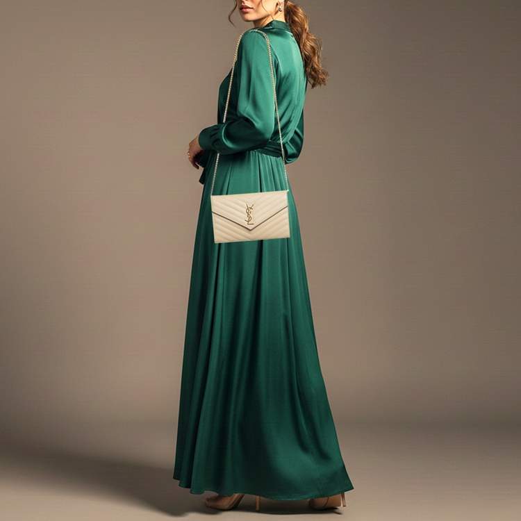 Pre Owned Saint Laurent Cassandre Beige Matelassé Leather Wallet On Chain