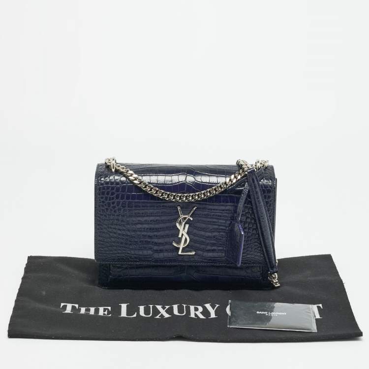 مملوكة مسبقًا Saint Laurent Sunset Medium Navy Blue Croc Embossed Leather Shoulder Bag