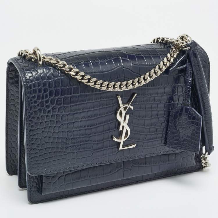 مملوكة مسبقًا Saint Laurent Sunset Medium Navy Blue Croc Embossed Leather Shoulder Bag