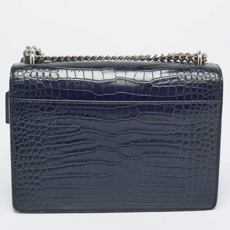 مملوكة مسبقًا Saint Laurent Sunset Medium Navy Blue Croc Embossed Leather Shoulder Bag