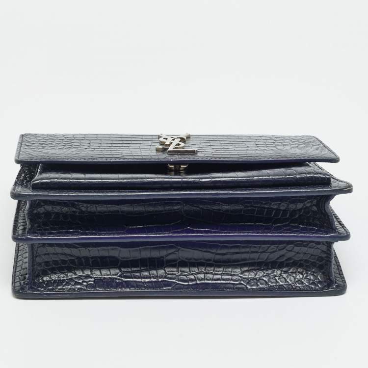 مملوكة مسبقًا Saint Laurent Sunset Medium Navy Blue Croc Embossed Leather Shoulder Bag