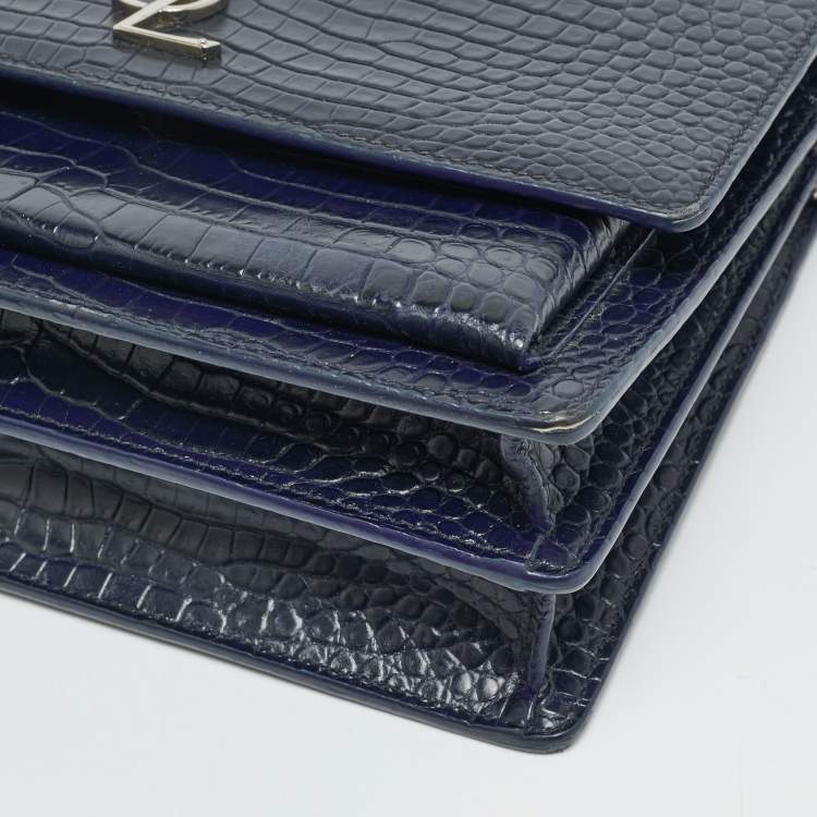 مملوكة مسبقًا Saint Laurent Sunset Medium Navy Blue Croc Embossed Leather Shoulder Bag