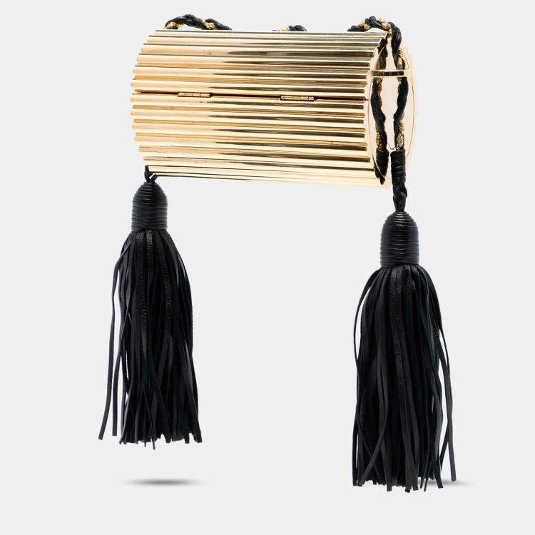 مملوكة مسبقًا Saint Laurent Paris Gold Ribbed Acrylic Lambskin Fringe Monogram Opium Box Bag