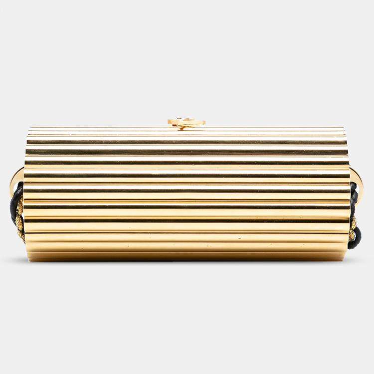 مملوكة مسبقًا Saint Laurent Paris Gold Ribbed Acrylic Lambskin Fringe Monogram Opium Box Bag
