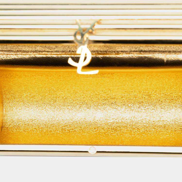 مملوكة مسبقًا Saint Laurent Paris Gold Ribbed Acrylic Lambskin Fringe Monogram Opium Box Bag