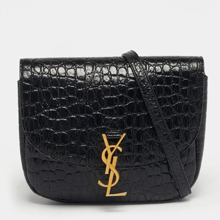 Pre Owned Saint Laurent Kaia Black Croc Embossed Leather Flap Shoulder Bag