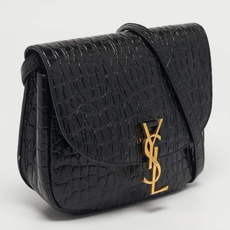 Pre Owned Saint Laurent Kaia Black Croc Embossed Leather Flap Shoulder Bag