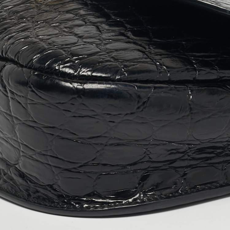 Pre Owned Saint Laurent Kaia Black Croc Embossed Leather Flap Shoulder Bag