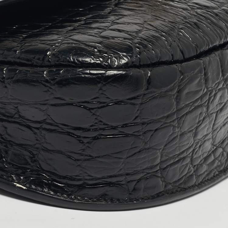 Pre Owned Saint Laurent Kaia Black Croc Embossed Leather Flap Shoulder Bag