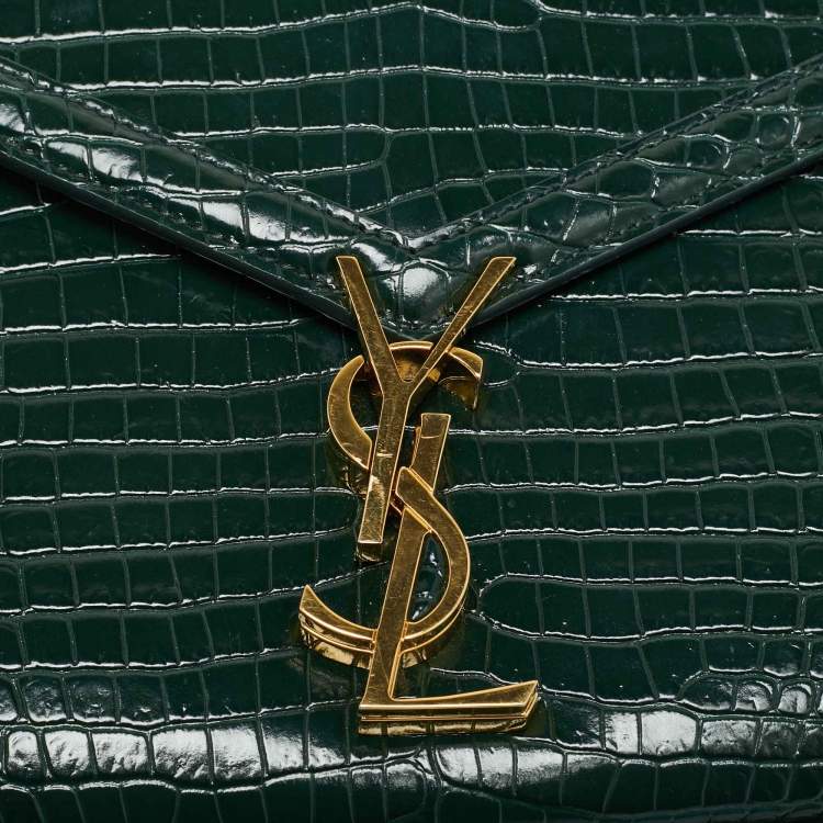 Pre Owned Saint Laurent Cassandre Mini Dark Green Croc Embossed Leather Top Handle Bag