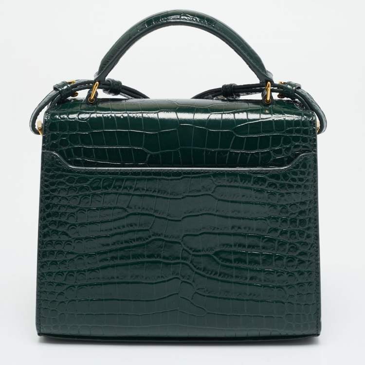 Pre Owned Saint Laurent Cassandre Mini Dark Green Croc Embossed Leather Top Handle Bag
