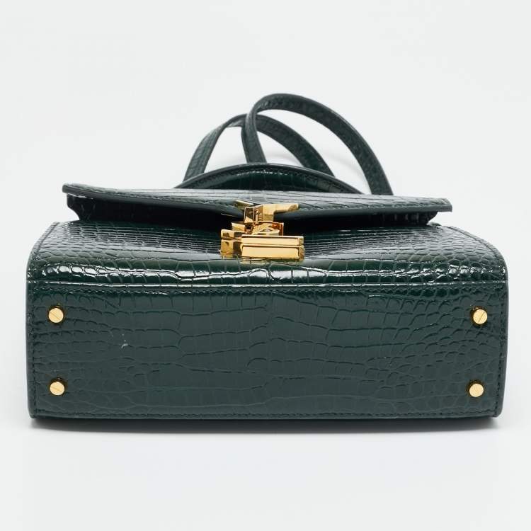 Pre Owned Saint Laurent Cassandre Mini Dark Green Croc Embossed Leather Top Handle Bag