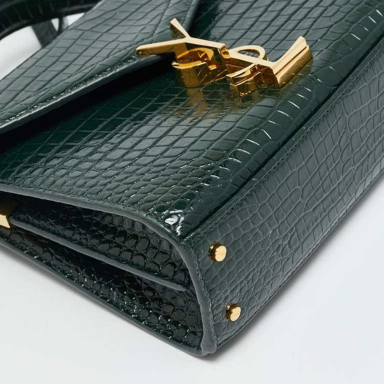 Pre Owned Saint Laurent Cassandre Mini Dark Green Croc Embossed Leather Top Handle Bag