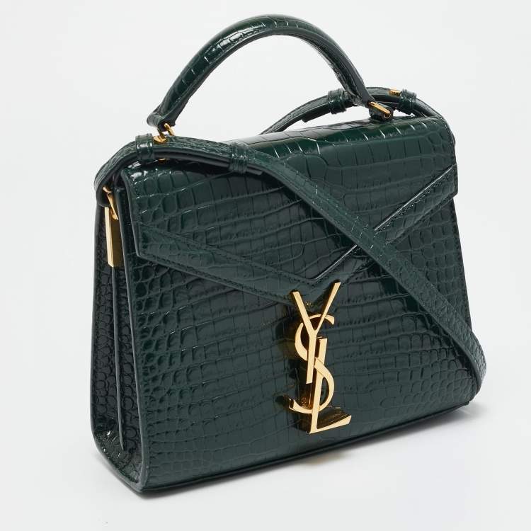 Pre Owned Saint Laurent Cassandre Mini Dark Green Croc Embossed Leather Top Handle Bag