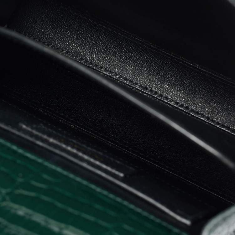 Pre Owned Saint Laurent Cassandre Mini Dark Green Croc Embossed Leather Top Handle Bag