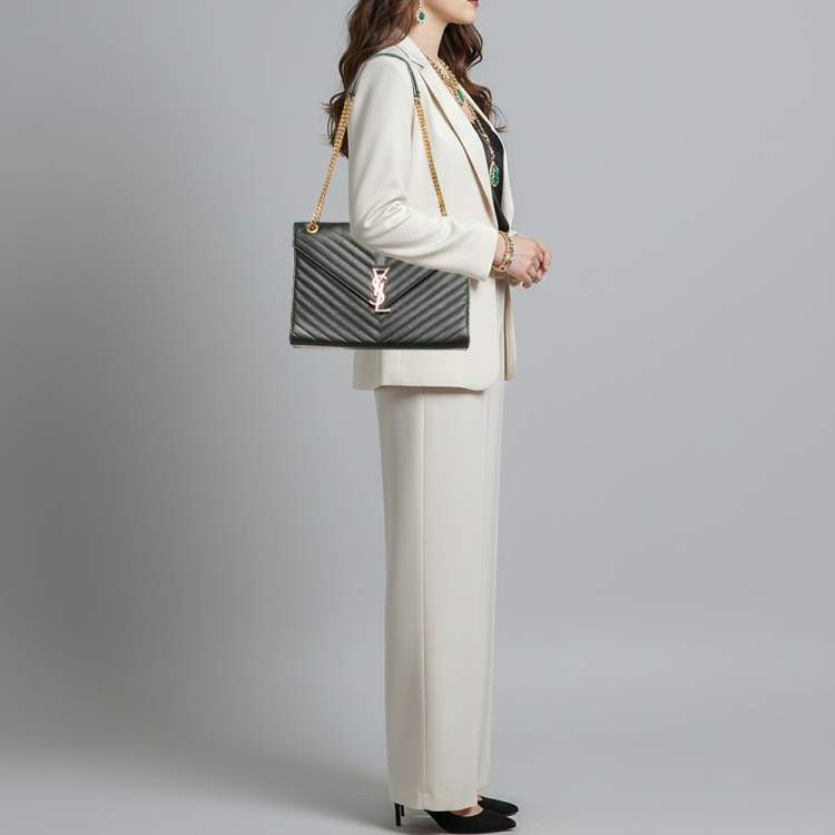 Pre Owned Saint Laurent Monogram Envelope Large Black Matelasse Leather Shoulder Bag