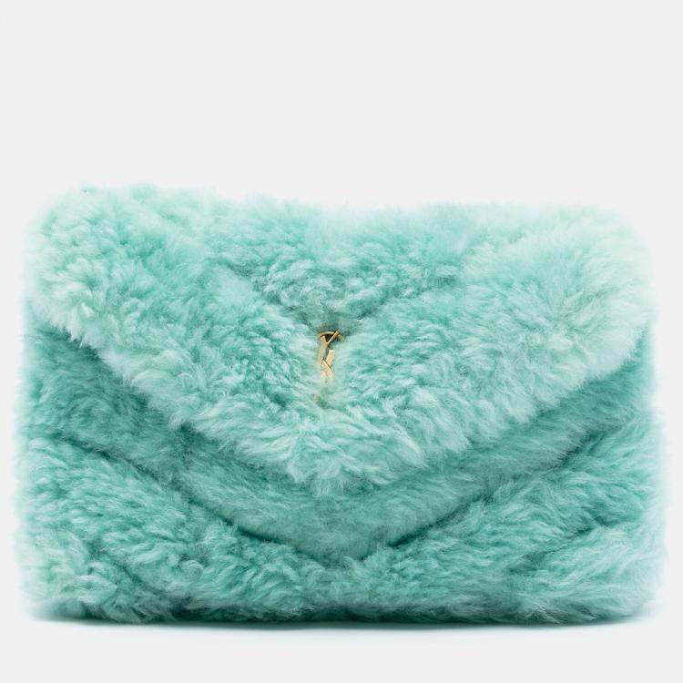 Pre Owned Saint Laurent Paris Green Shearling Loulou Puffer Clutch 