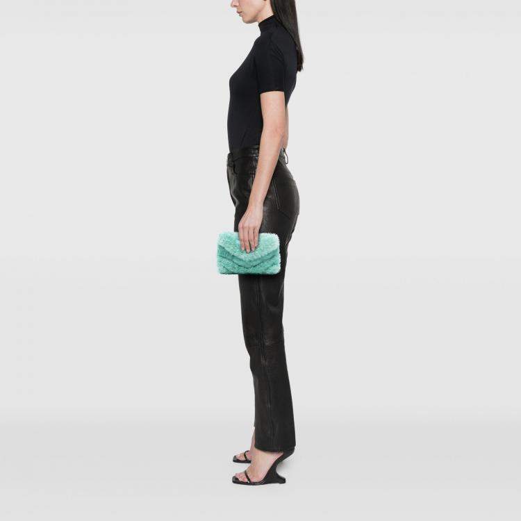 Pre Owned Saint Laurent Paris Green Shearling Loulou Puffer Clutch 