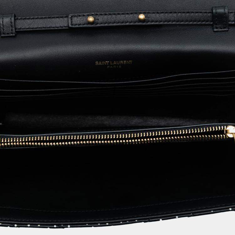 Pre Owned Saint Laurent Paris Black White Quilted Chevron Calfskin Polka Dot Monogram Envelope Chain Wallet