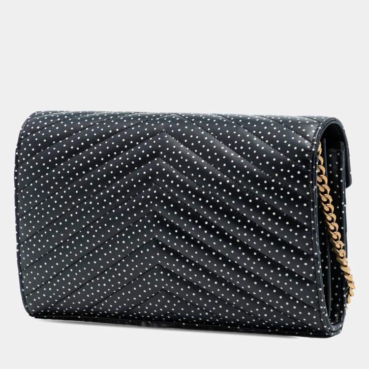 Pre Owned Saint Laurent Paris Black White Quilted Chevron Calfskin Polka Dot Monogram Envelope Chain Wallet
