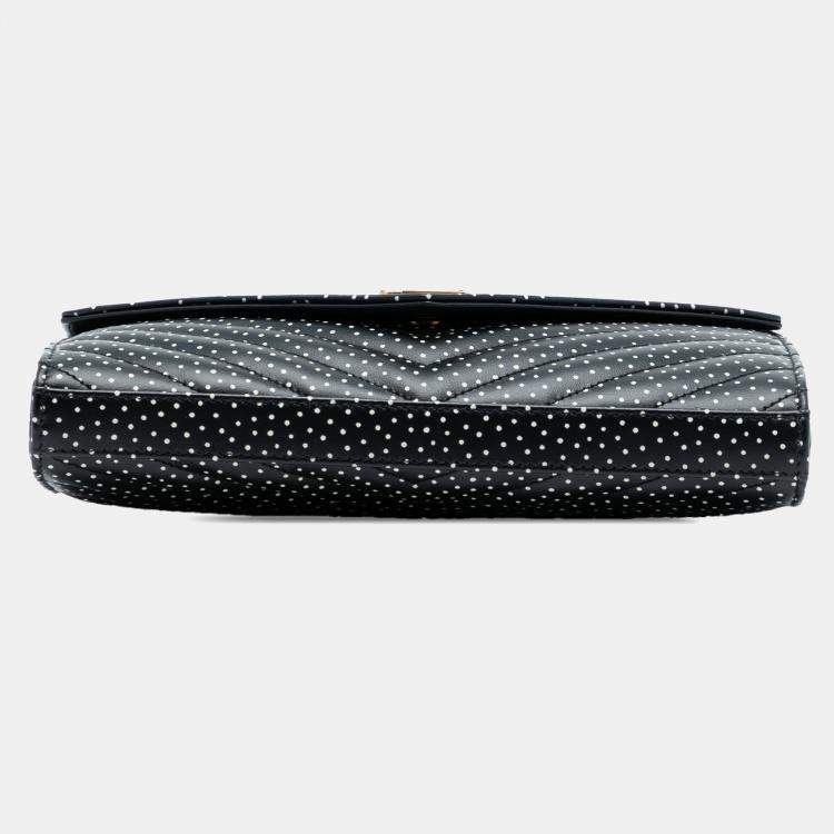 Pre Owned Saint Laurent Paris Black White Quilted Chevron Calfskin Polka Dot Monogram Envelope Chain Wallet